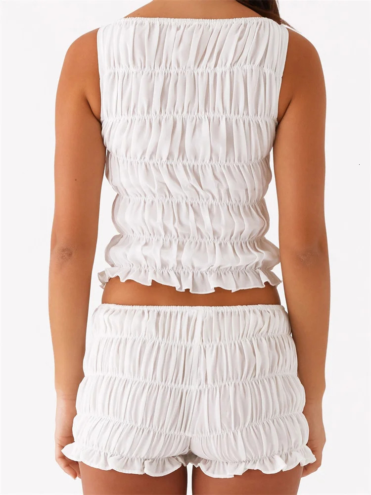 Womens 2 Piece Lounge Outfits Sleeveless Solid Color Ruched Tank Tops Shorts Sets 260306