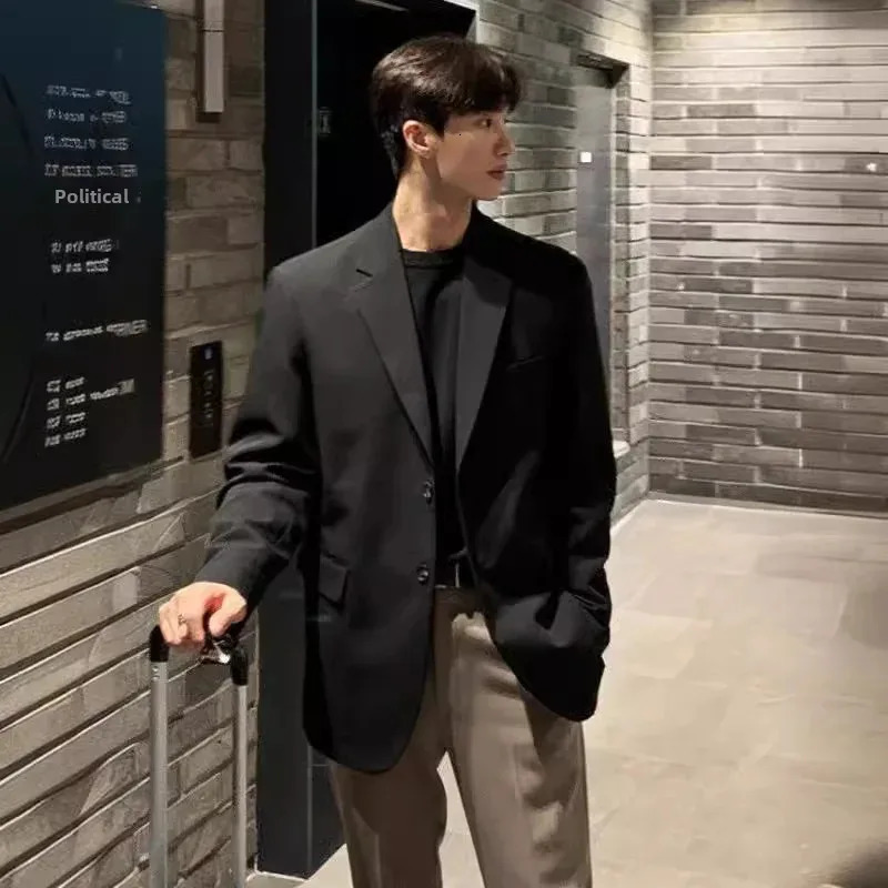 Korean Mens Casual Blazer Western-style Loose-fit Black Single-breasted Jacket Autumn Trendy Dongdaemun Style Clothes 260306