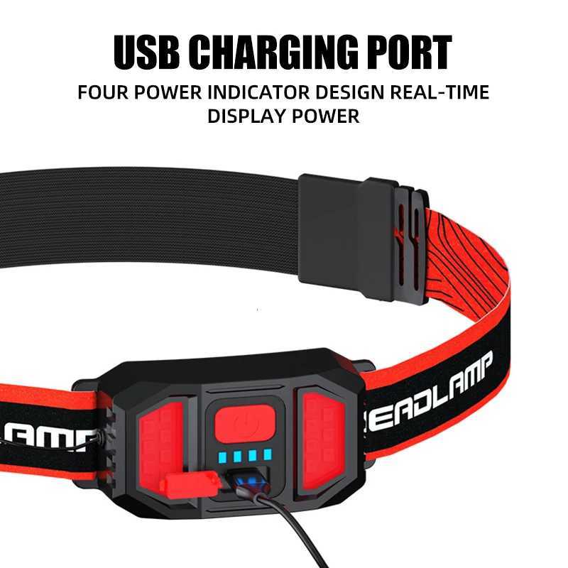 LED Headlamp Head Flashlight USB Rechargeable Head Lamp Withe Red Tailight Outdoor Camping Running Lamp Hiking Hat Headlight H260307