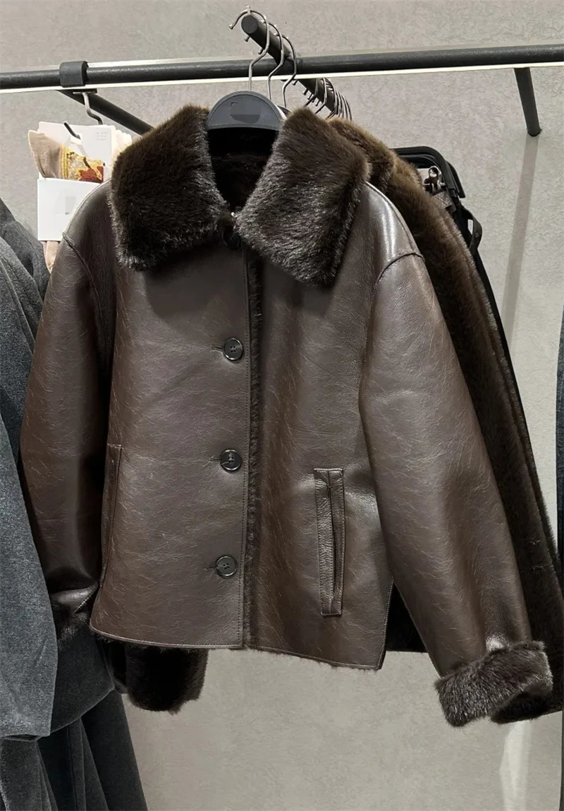 Womens Jacket AutumnWinter Arrivals Dark Brown Long-Sleeve Faux Leather Reversible Jacket Stylish and Unique 260306