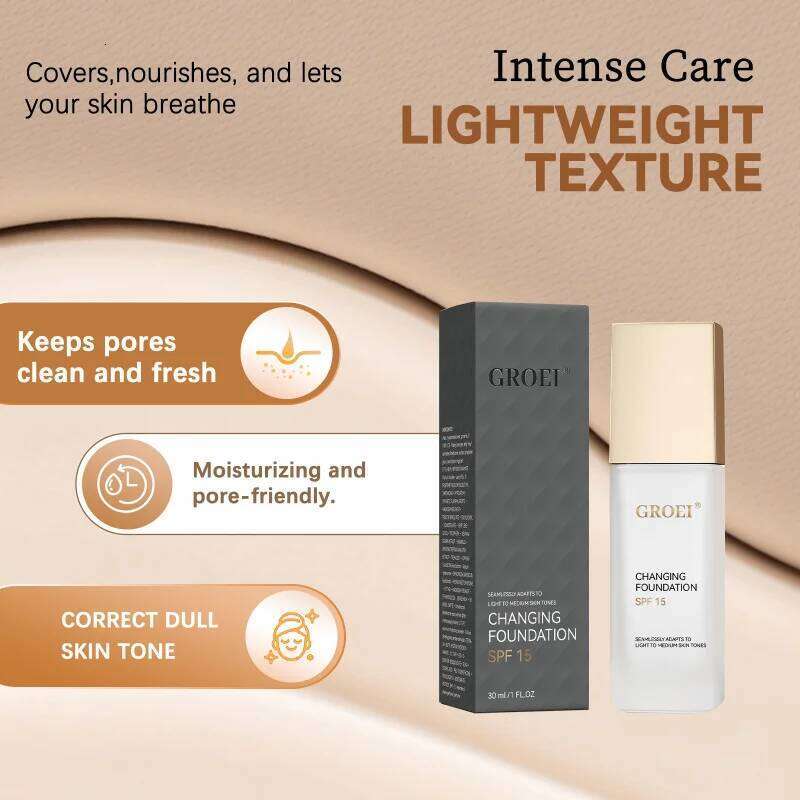 GROEI Changing Foundation SPF 15 - 30ml Adaptive Color Makeup, Auto-Match Your Skin Tone, Lightweight Cover Blemishes & Redness 26L0306