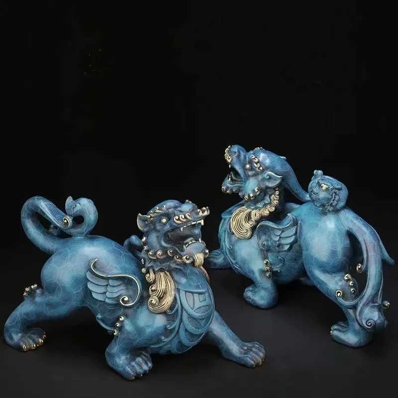 Chinese Blue Copper Pi Xiu Sculpture Feng Shui Decor for Home Office WealthT260307