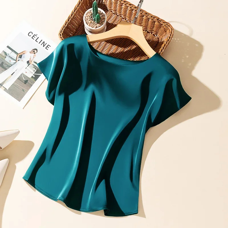 Big Size Summer Silky Acetic Acid Satin Tshirt Round Neck Women Loose Top Lazy and Versatile Acetate 260306