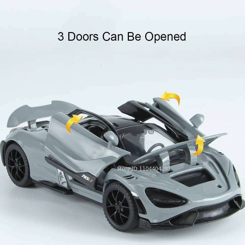 1:32 765LT 720S Alloy Diecast Car Miniature Model Toys Rubber Tires Doors Opened Sound Light Pull Back Vehice Ornaments Boy Gift Z260306