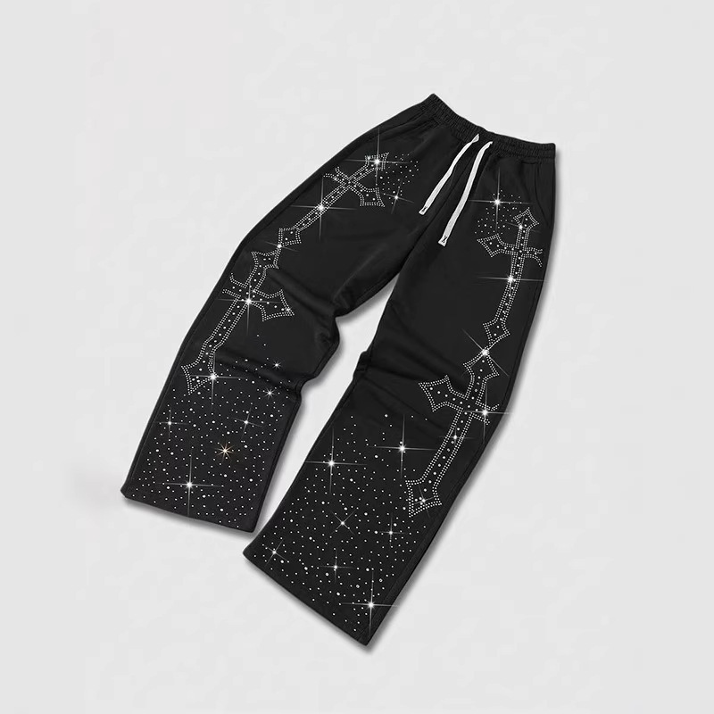 Luxury Brand Designer Clothes New European And American Style Cross-Studded Star Pants For Men And Women, Black Trendy Drawstring Elastic Waist Wide-L