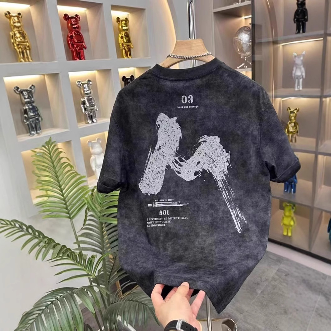 Luxury Brand Designer Clothes 2025 Summer New Washed Printed Letter Versatile Short Sleeve T-Shirt Men Hong Kong Style Trendy Ins Casual Loose Top