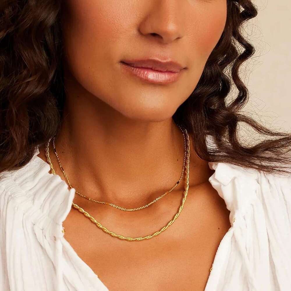 Foreign trade layered gold necklace herringbone paperclip pearl Cuban twisted rope chain choker jewelry gift for women