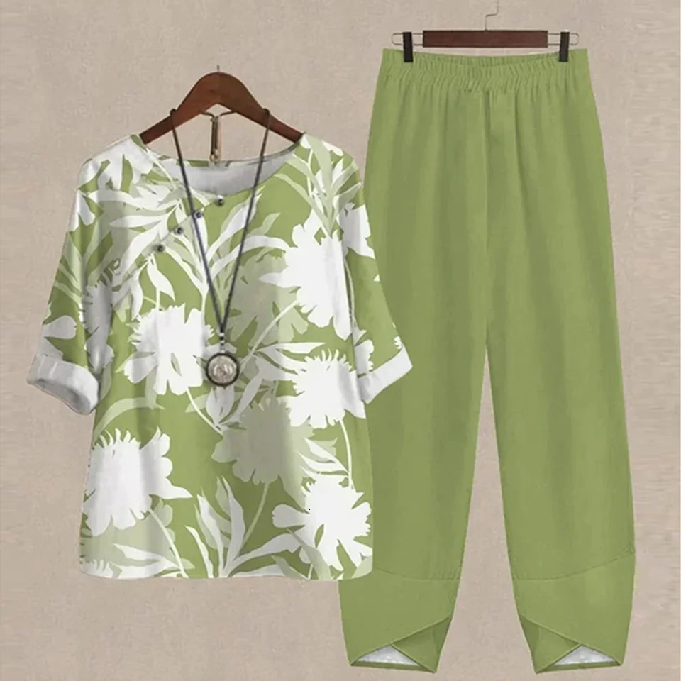 Summer 2 Piece Set Women Loose Short Sleeve Shirt Top High Waist Pants Flower Print Outfits Ladies Elegant Vintage Suit Fall 260306