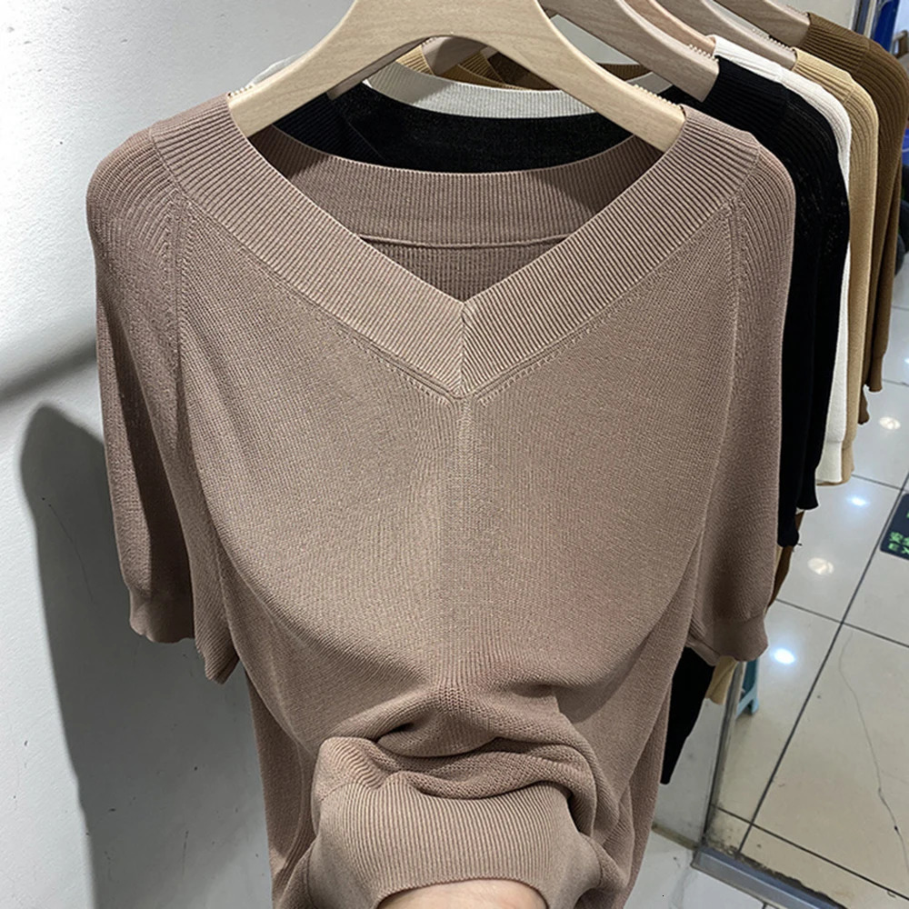 Summer Ice Silk Knitted Tops Women Casual Loose Vneck Thin Knitwear Tshirts Big Size 4xl Korean Short Sleeve Pullover Tee 260306