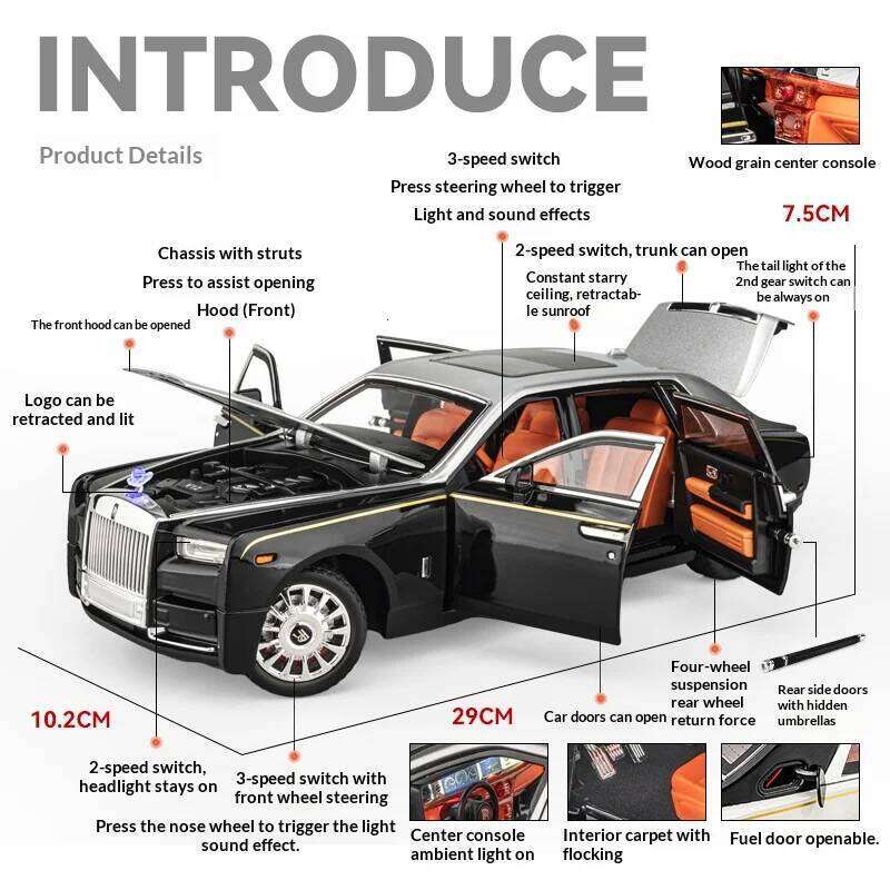 1:18 Rolls-Royce Phantom Car, Zinc Alloy Pull Back Toy Diecast Car with Sound and Light, Realistic Modeling Model Toy111 Z260306