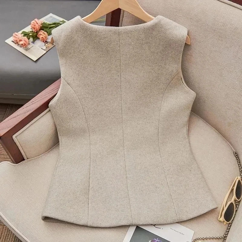 Autumn Winter Casual Versatile Sleeveless Womens Woolen Vest Coat Temperament Fashion Loose Lady Suit Waistcoat Jacket 260306