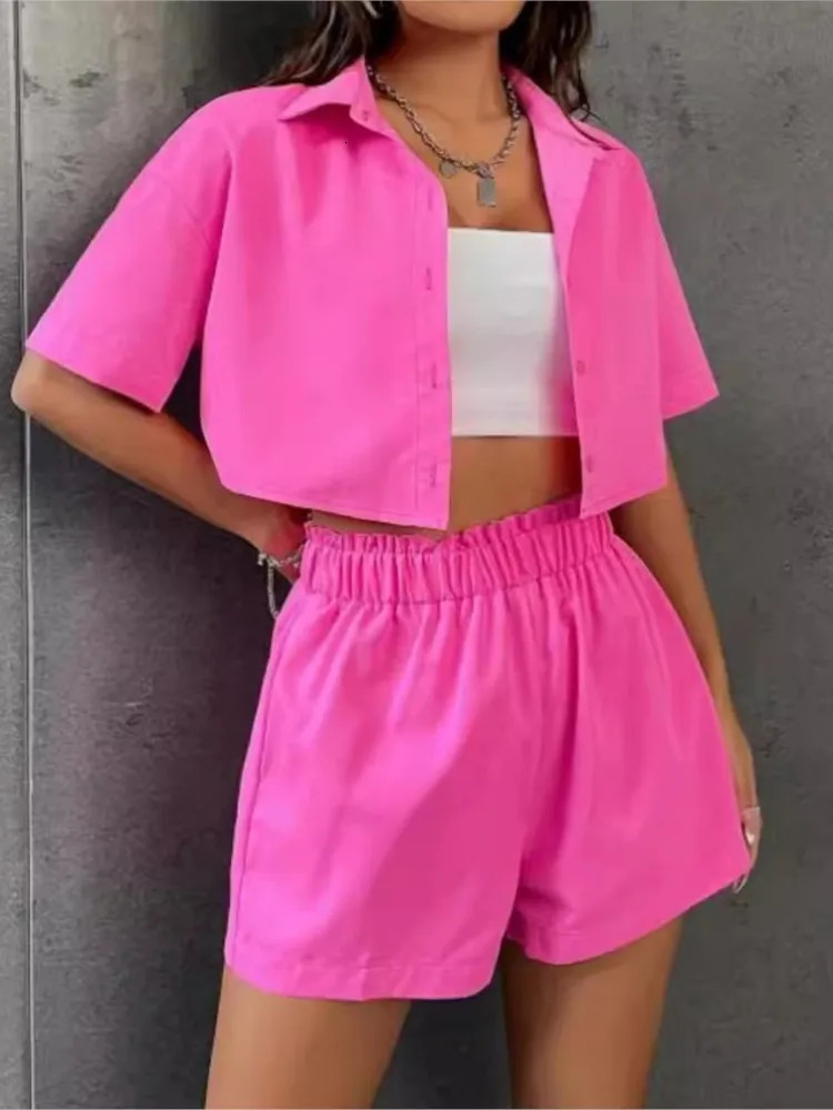 Summer Twopiece Sets For Women Cotton Short Sleeve Button Shirt Shorts Casual Sweet Style Suits Solid Color 2 Piece Set 260306