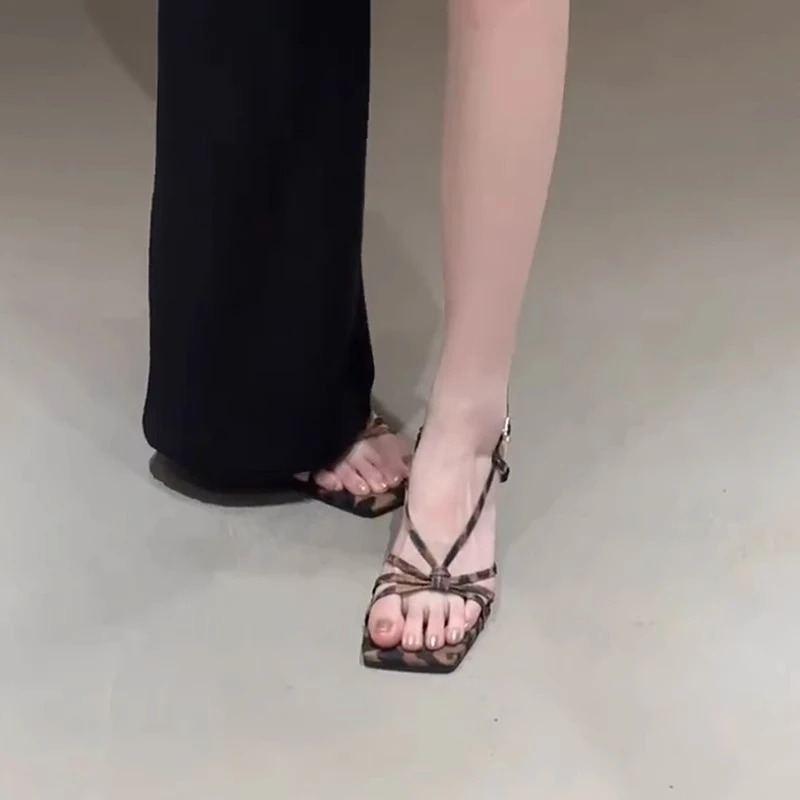 Leopard Wedge Sandals Summer Square Head Cross Thin Belt with A Line Buckle Non-slip Wear-resistant High Heels 260306