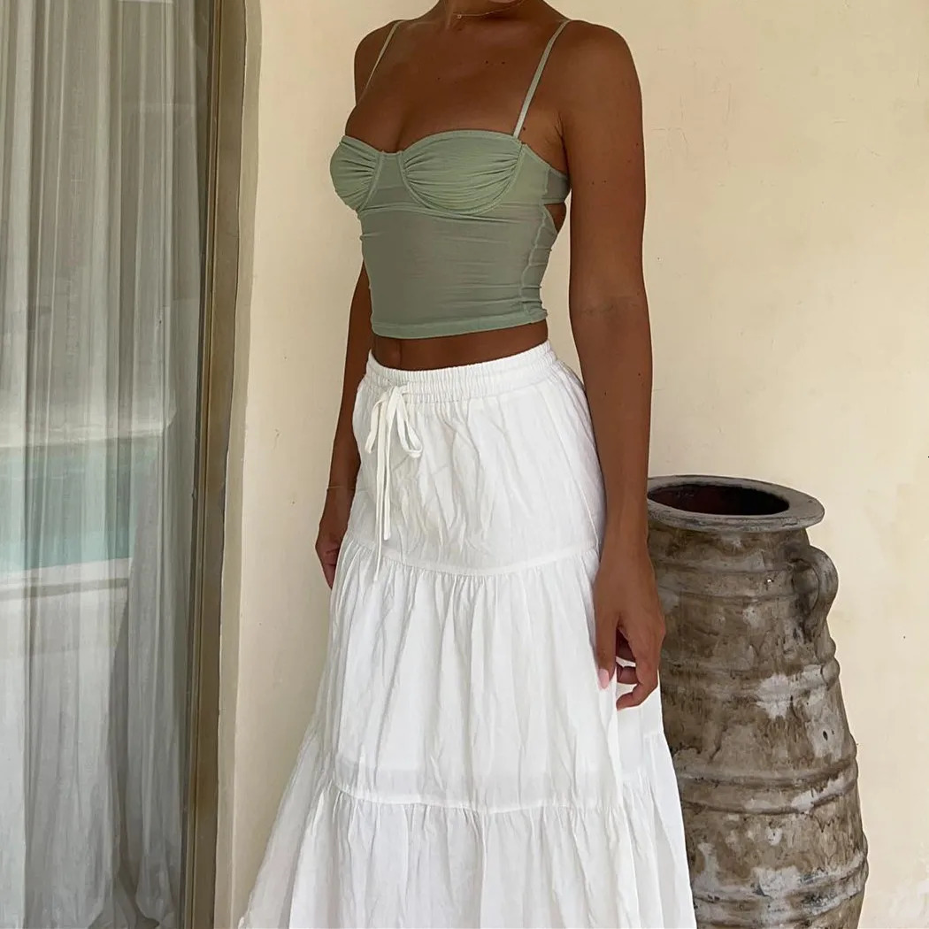 Women Boho Long Skirt Y2k Elastic High Waist Ruffle Pleated Swing Maxi Skirt Casual Tiered Prairie Flowy Aline Skirt 260306