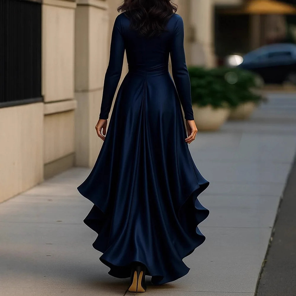 Evening Dress Womens Long Sleeve V Neck High Waist Slim Fit Ruffle Solid Color Elegant Fashion Party Spring Autumn Dress 260304