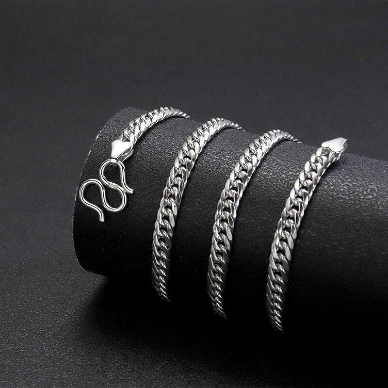S925 silver side double buckle Cuban chain men, round polished chain, hip-hop high-quality versatile spring/summer necklace for men
