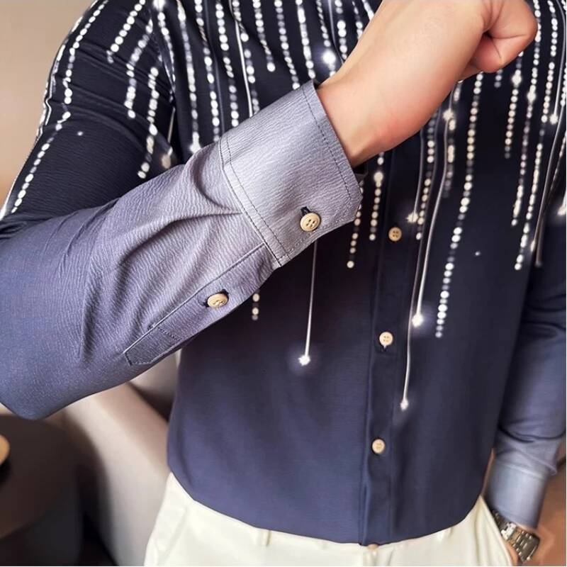 Men's Gradient Pleated Printed High-quality and Fashionable Social Dress Shirt Casual Slim Fit Long Sleeved