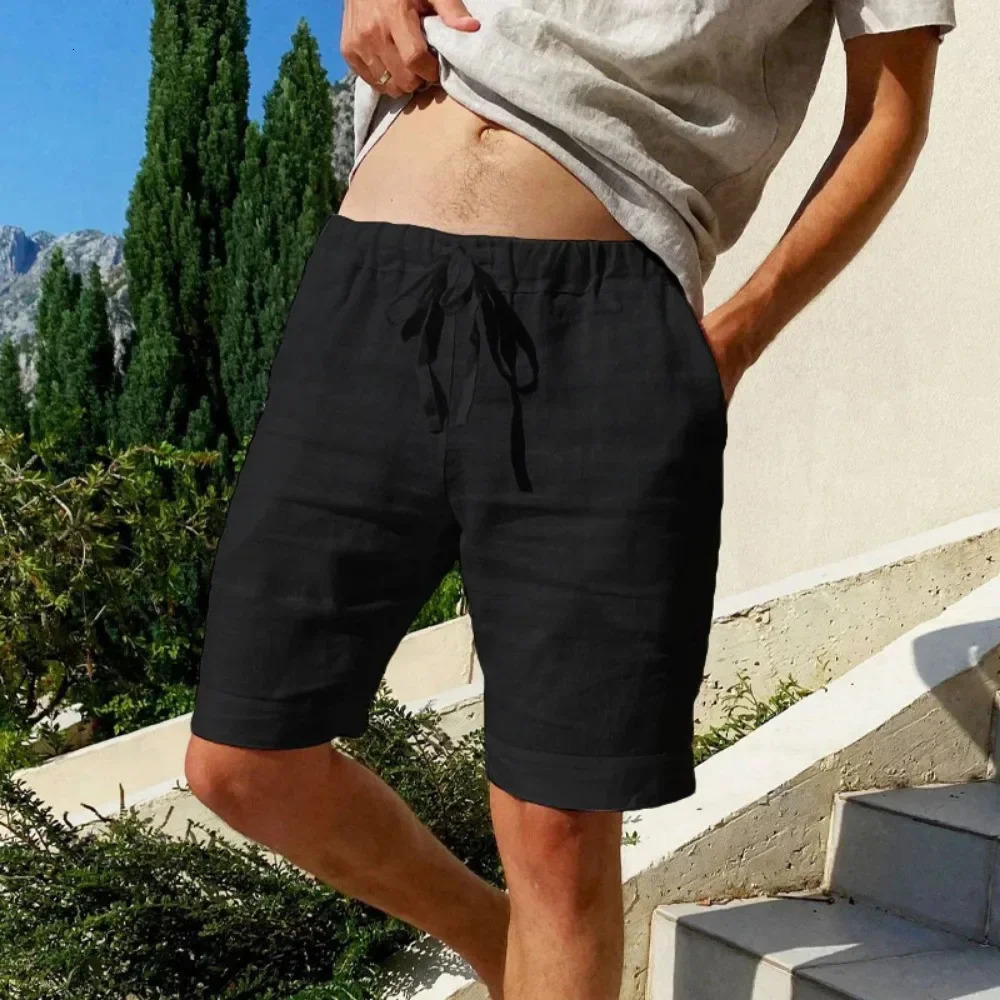 Summer Mens Cotton Linen Breathable Shorts Hawaii Beach Pants Male Solid Color Trousers Loose Versatile Streetwear 260306