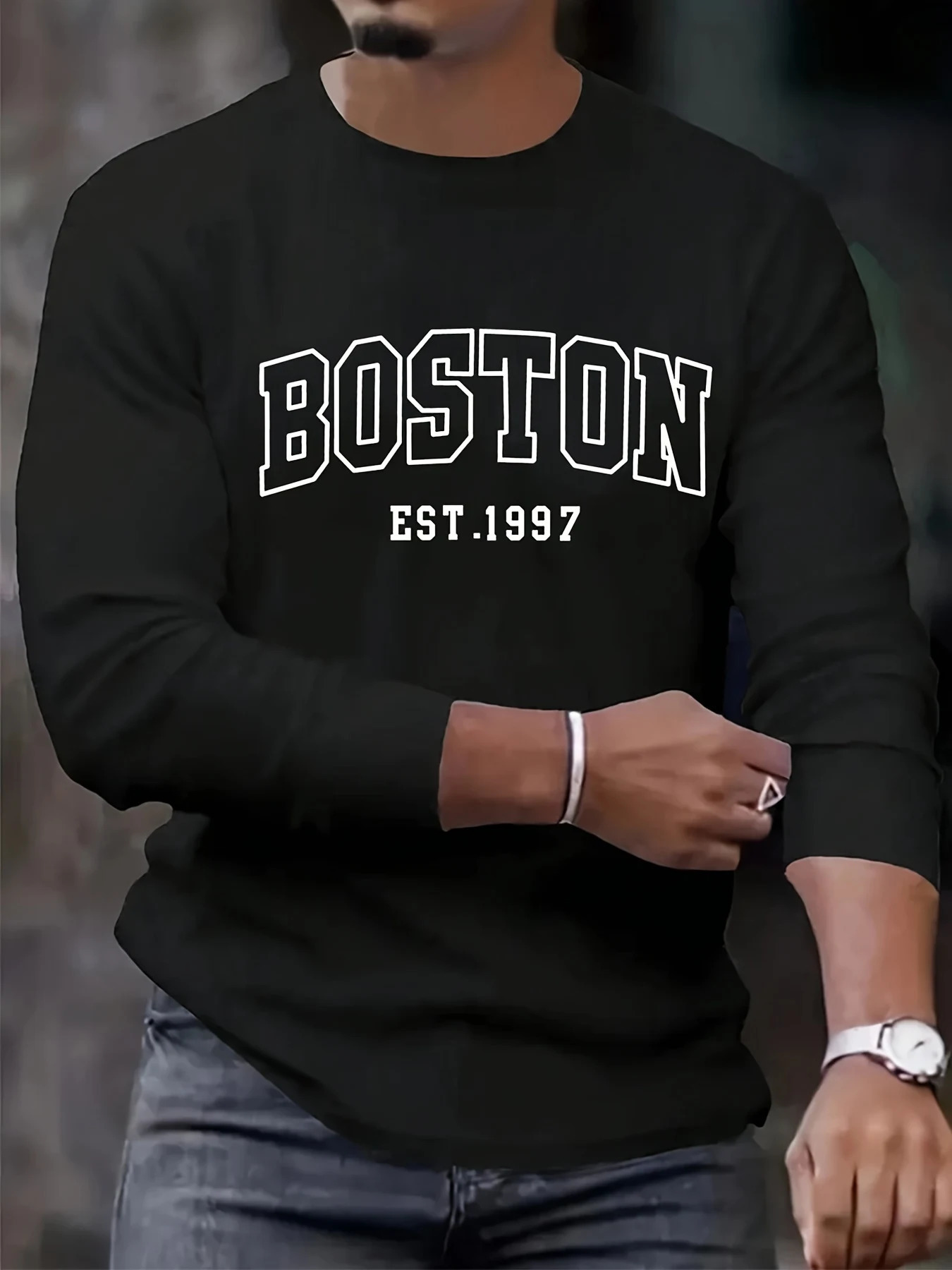 Mens 100 pure cotton loose fit plus size comfortable casual sports Boston letter printed round neck long sleeved Tshirt top 260302