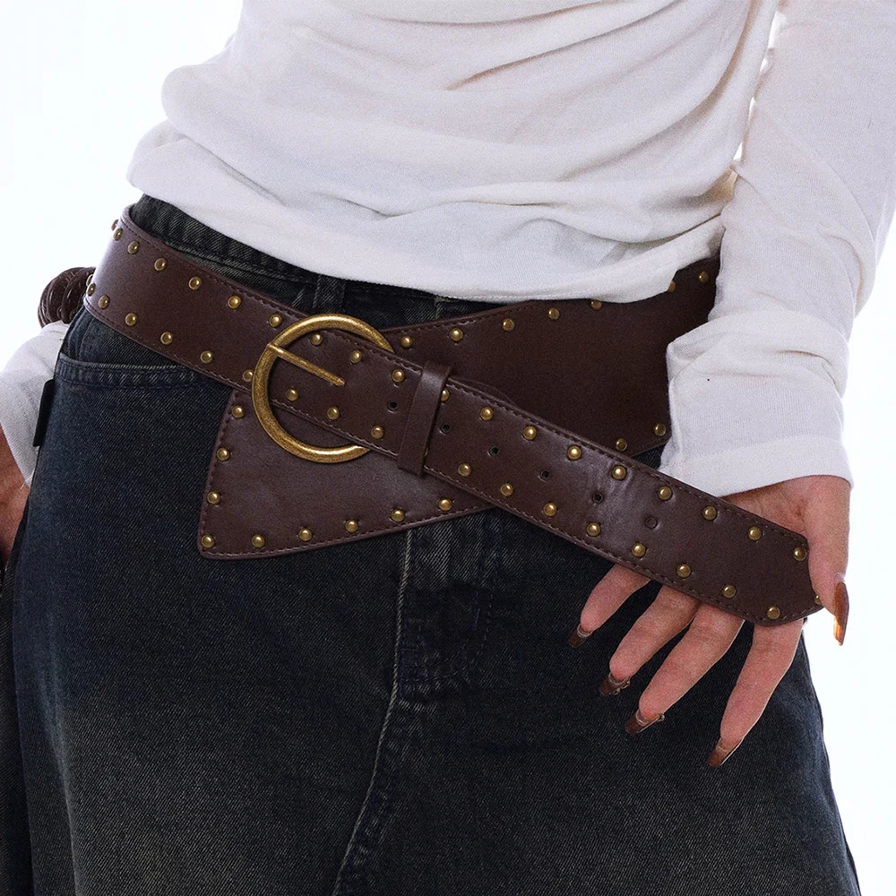 Western Cowboy Cowgirl Corset Leather belt for Women Punk Gothic decorative Wild Waistband Female womens retro rivet wide belt 260302