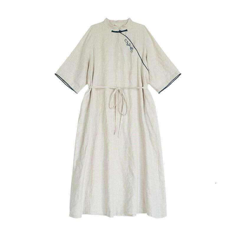 Mardi Hefxessdr Summer Retro Embroidery New Chinese Style Improved Qipao Small Stand Collar Loose Classical Elegant Mid-Length Dress