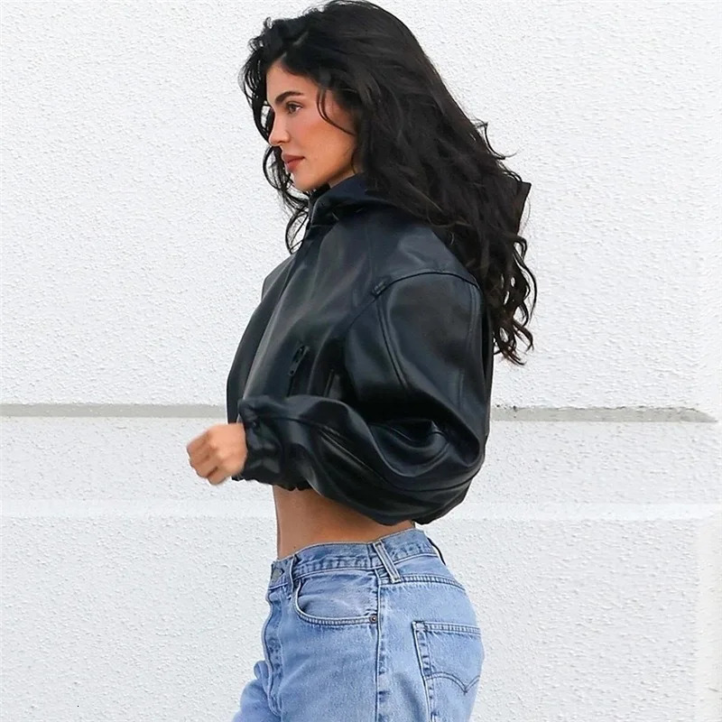 Spring Autumn Cropped Leather Jacket Women PU Leather Coat Lapel Zipper Hooded Black Streetwear Short Tops Long Sleeve 260306