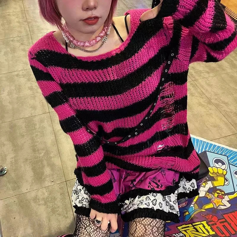 Punk Gothic Long Unisex Sweater Summer Women Striped Cool Hollow Out Hole Broken Jumper Loose Rock Thin Dark Streetwear Top 260306