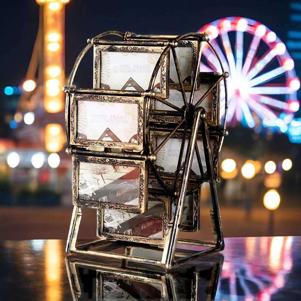 Rotating Ferris Wheel Photo Frame, Holds 8 4" Pics, Perfect Desk Decor. Gift for Valentine's/Birthday/Christmas. H260306