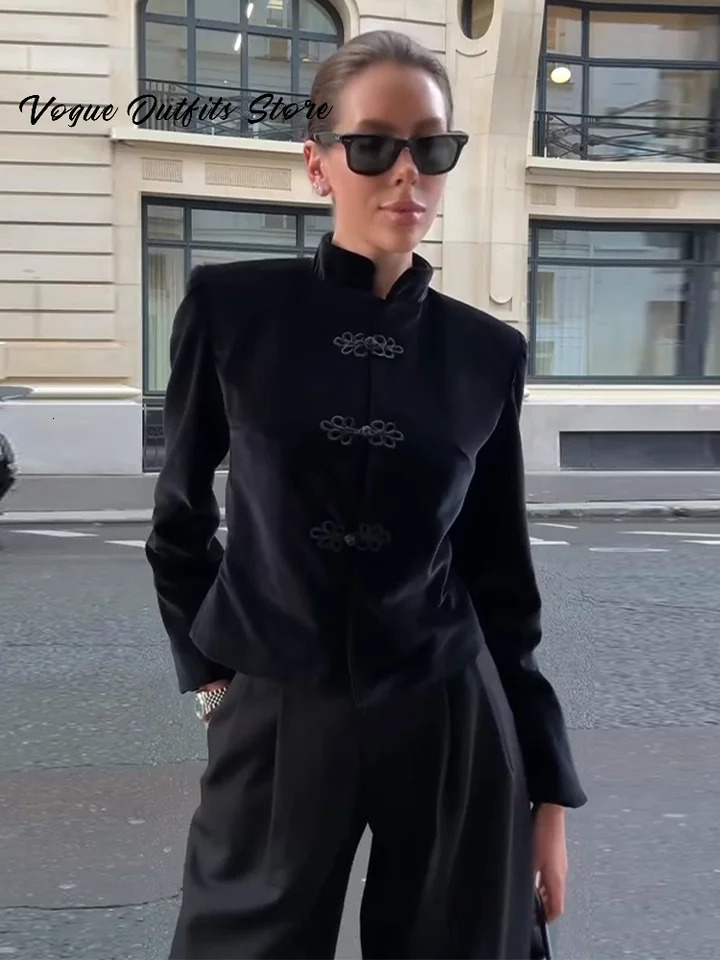 Vintage Velvet Waist Cinching Frog Button Jacket Women Slim Stand Collar Buckle Coat 2026 Spring Lady Chic Street Outerwear 260306