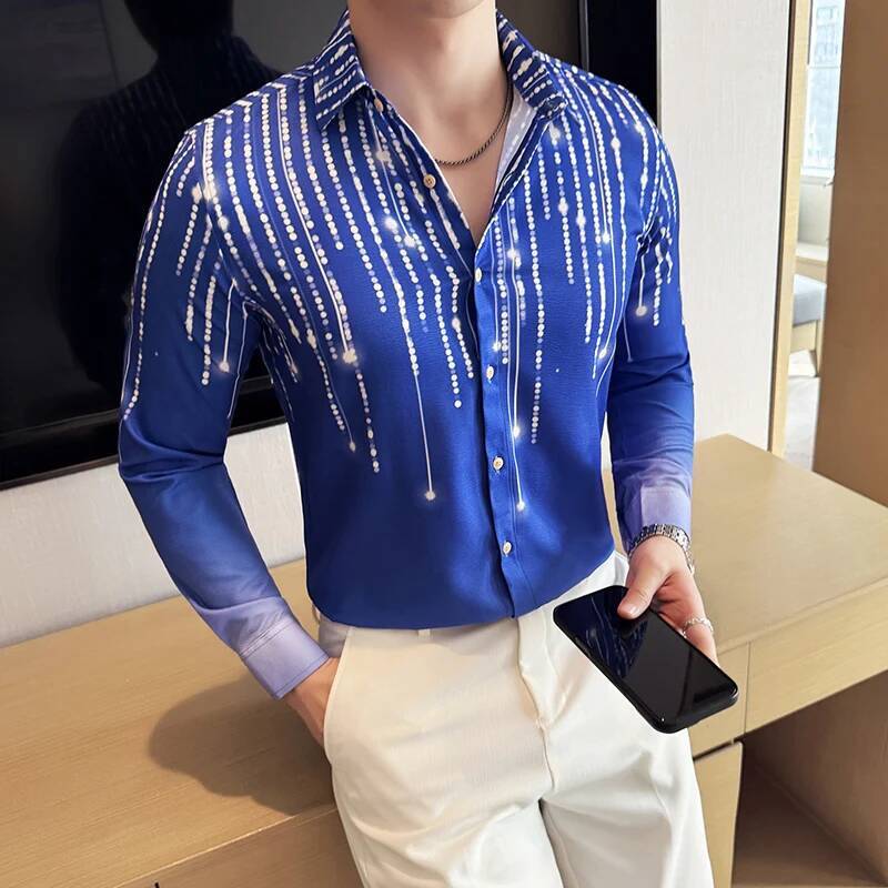 Men's Gradient Pleated Printed High-quality and Fashionable Social Dress Shirt Casual Slim Fit Long Sleeved