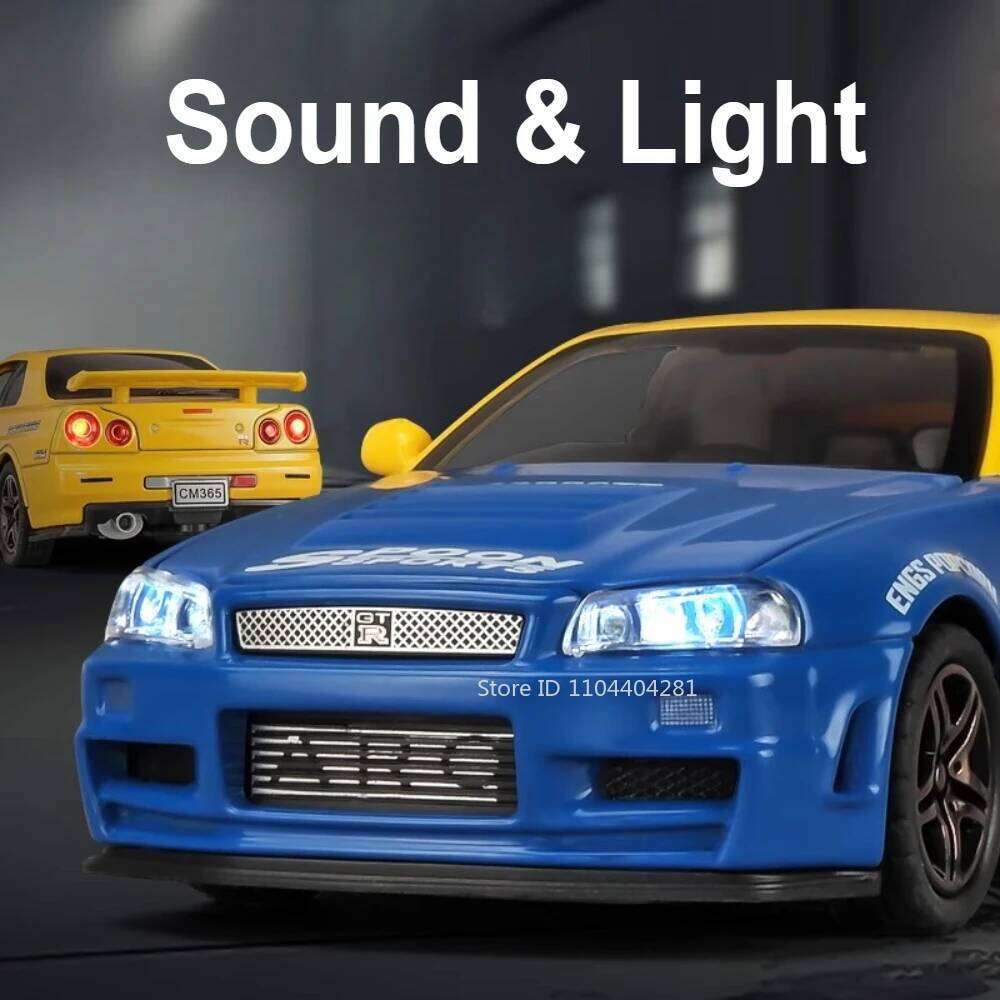 1:32 GTR R34 R35 Toys Alloy Model Cars Diecast Metal Miniature Vehices 4 Doors Opened Sound Light Pull Back Models for Kids Gift Z260306