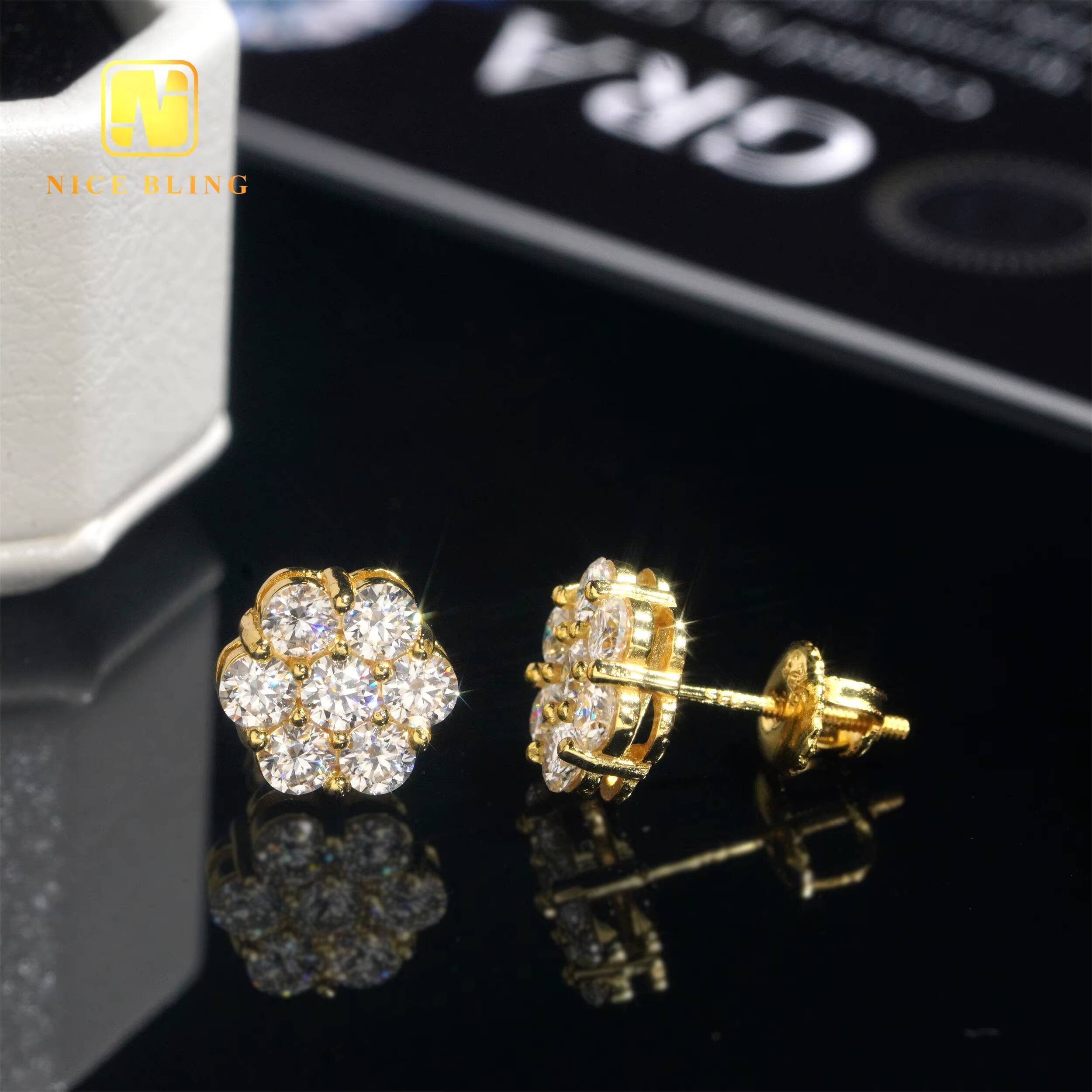 9MM Flower Earrings Trendy Silver Jewelry Hip Hop Fashion Cluster Earrings Moissanite Diamond Ear Studs for Men Women