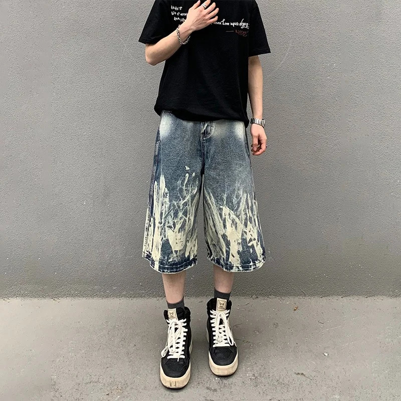 2026 Flame Graphic Print Denim Shorts For Men Hip Hop Fashion Straight-leg Baggy Jorts Punk Tie Dye Gradient Y2K Short Jean 260306