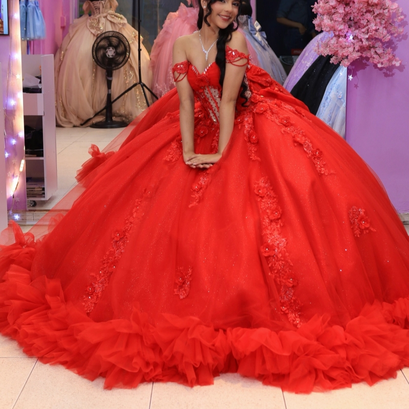 Red Shiny Quinceanera Dresses Ball Gown Off The Shoulder Applique Flower Beading Crystal Tull Corset Party Birthday Sweet 16 Dress Vestidos 15 De Anos