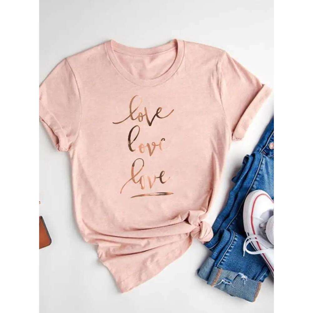 Watercolor Love Heart Sweet Fashion Short Sleeve Print T Shirt Tee Basic Clothing Summer Top Graphic T-shirt Women Clothes XJ260306