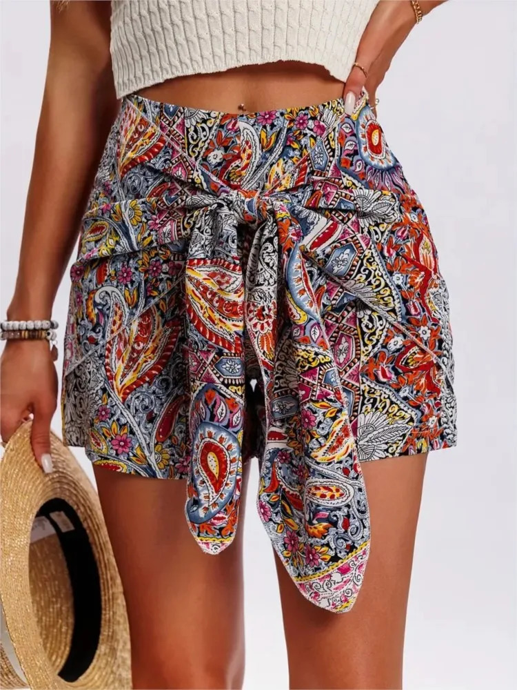 Vacation Style Woman Shorts Summer Trendy Latest Casual Vintage Boho Tribal Floral Printed High Waist Wide Leg Ladies Pants 260306
