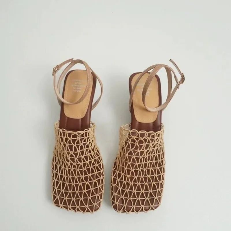 Summer Sandals Womens Lace Mesh Square Toe Shallow Narrow Strap Braided Slip-on High Heels Sandals 260306