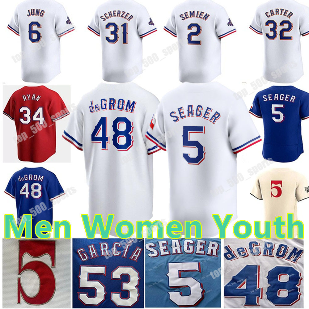 Custom Corey Seager Jersey Evan Carter Josh Jung Marcus Semien Nathan Eovaldi Jacob deGrom Jankowski Wyatt Langford Gray Max Scherzer Men Women Youth