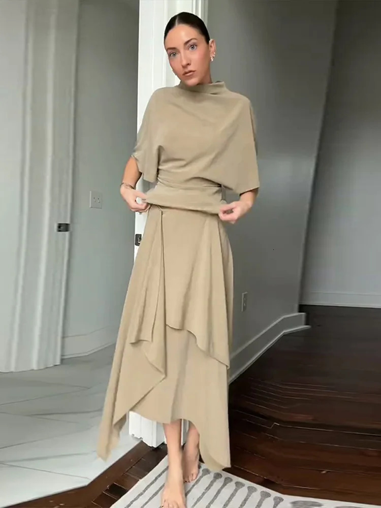 Solid Loose Casual Top Midi Skirt Set High Neck Batwing Sleeve Tops Asymmetrical Bottoms 2026 Spring Cozy Elegant Women Suit 260306