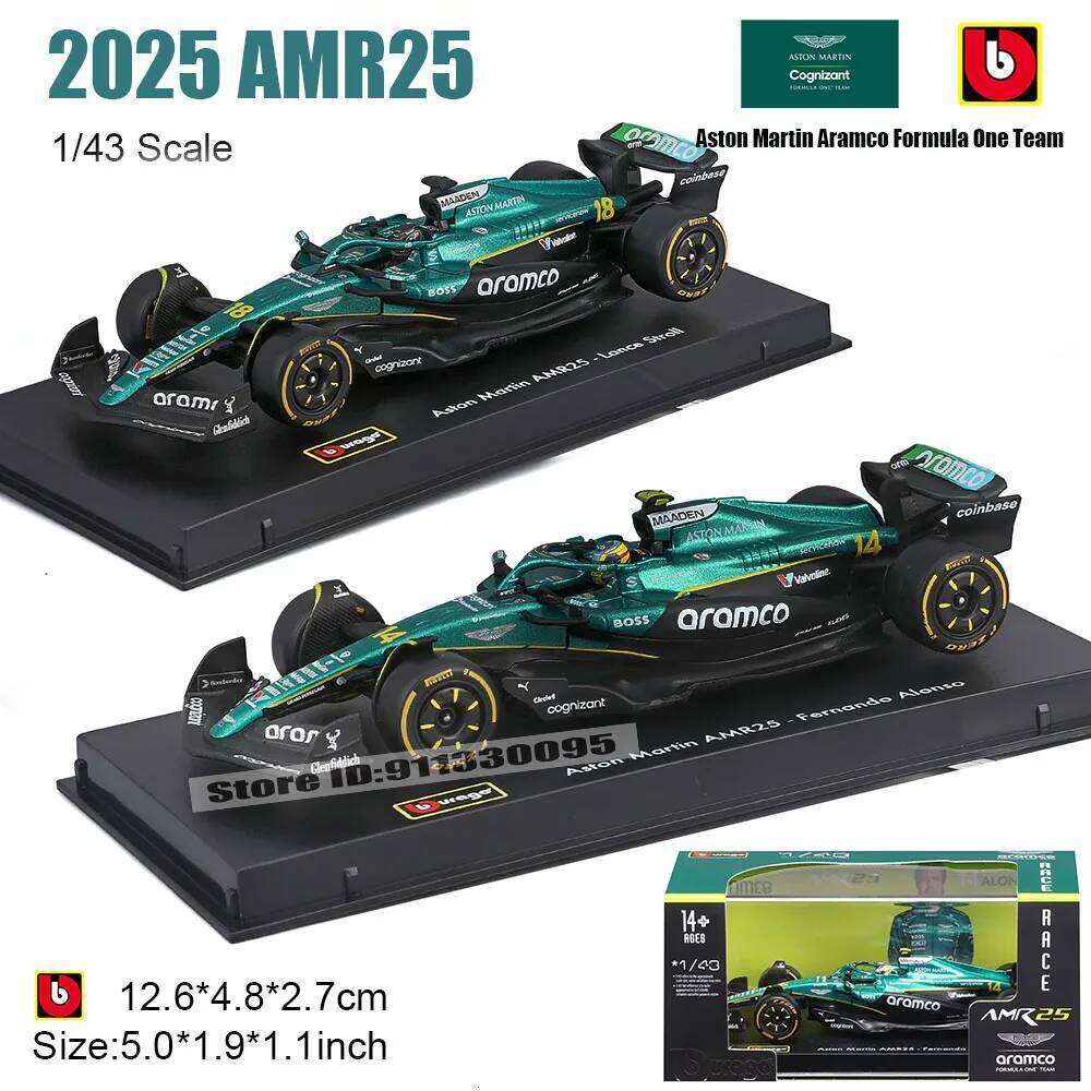 Bburago 1:43 2025 F1 Aston Martin AMR25 #18 Lance Stroll #14 Fernando Alonso Alloy Car Die Cast Model Toy Collectible Z260306