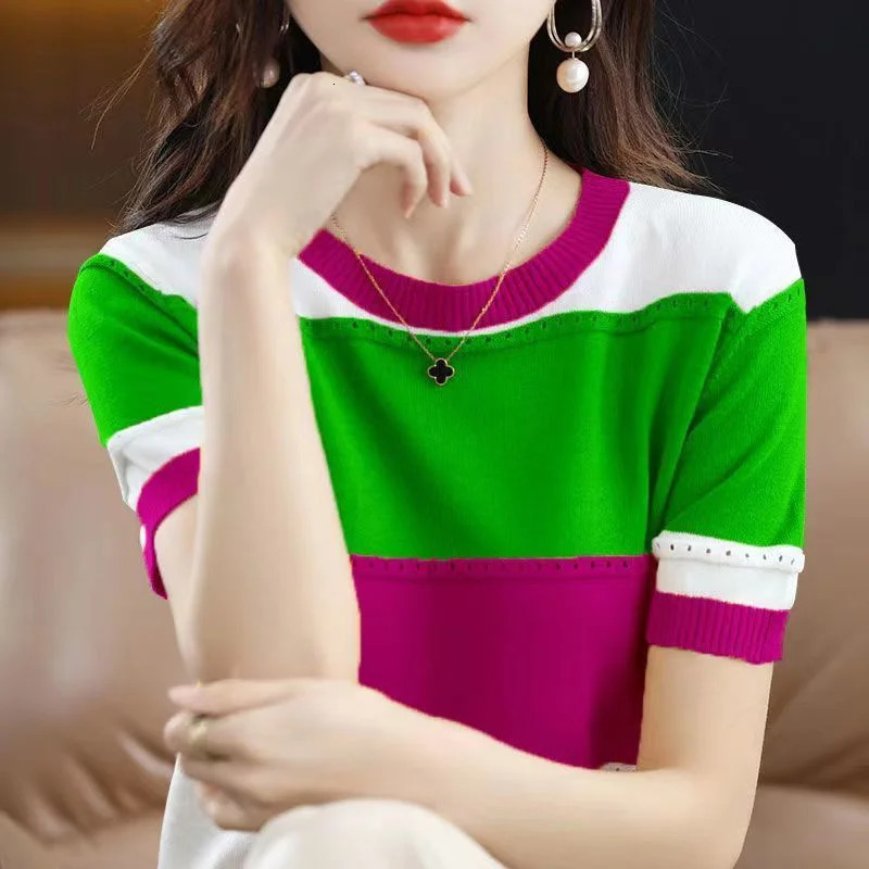 Summer Ice Silk Tshirt Shortsleeved Stripes Top Womens Round Neck Color Matching Hollow Loose Thin Knitted Sweater 260306