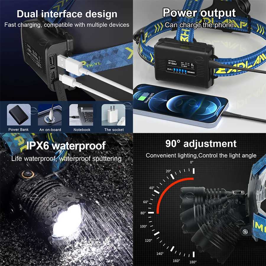 2000W Most Powerful LED Headlamp Super Bright Waterproof Head Flashlight Long Range 6000M Tactical Head Torch Fishing Headlight H260307