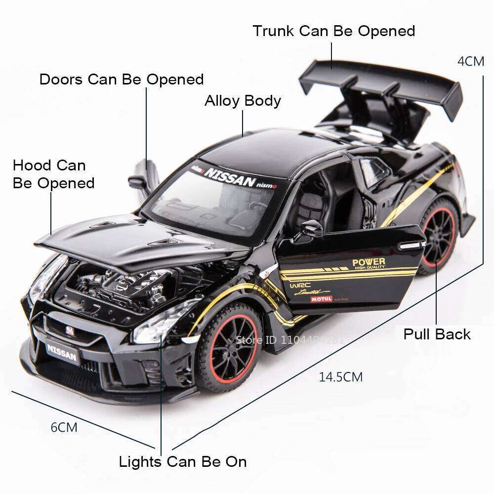 1:32 GTR R35 R34 Alloy Models Toys Diecast Miniature Cars 4 Doors Opened Sound Light Pull Back Vehices Adult Collecting Hobbies Z260306