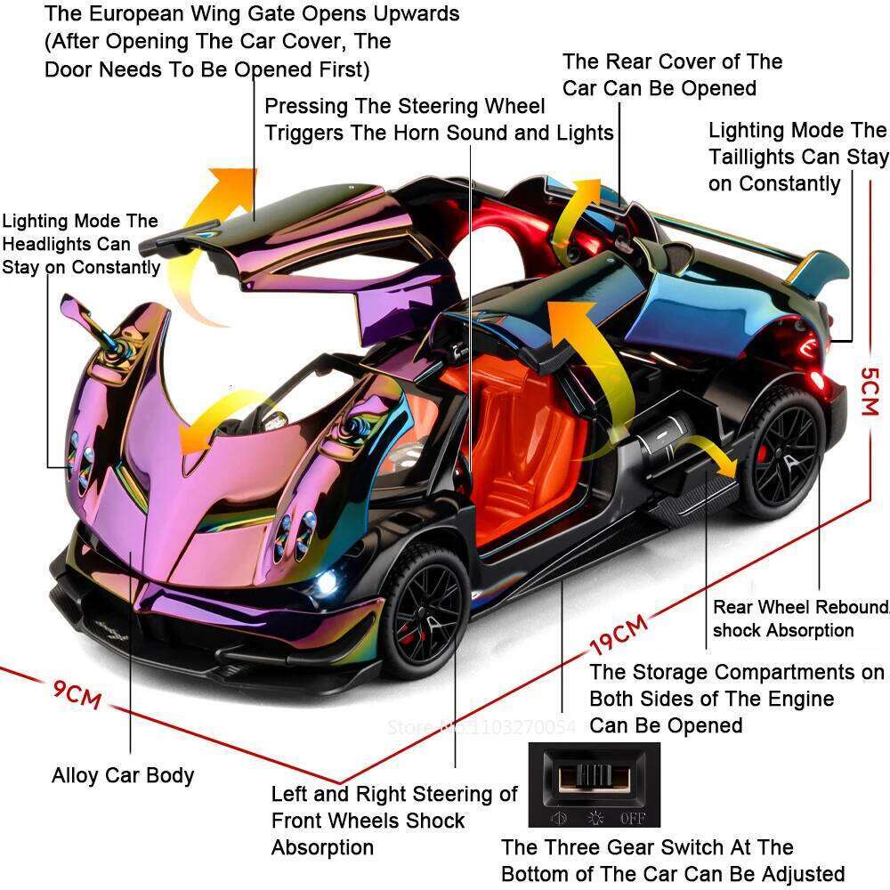 1:24 PAGANI Huayra Zonta HP Miniature Models Toys Alloy Diecast Car Doors Opened Sound Light Pull Back Vehices Fashion Ornaments Z260306