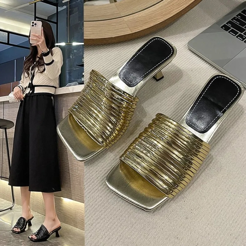 Square Toe Stiletto Sandals for Women Summer Shiny Solid Color High Heels Casual Half Slippers Shoes for Women Sandals 260306