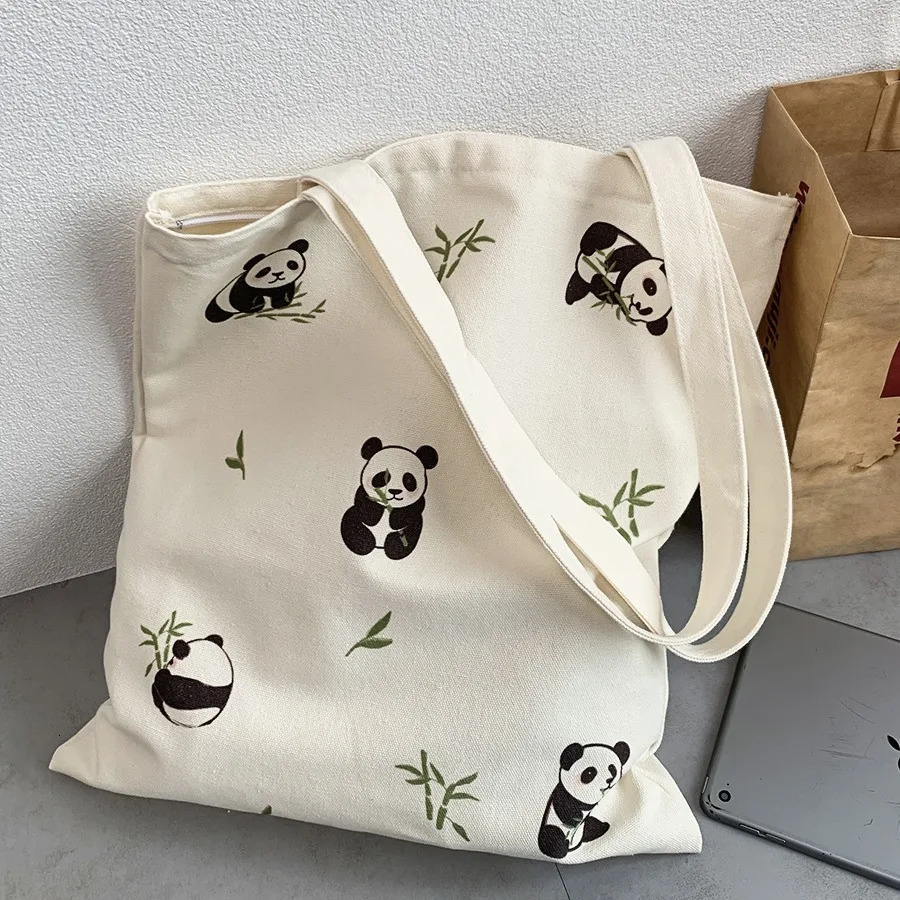 Womens Shoulder Bags Cartoon Panda Print Cute Kawaii Chinese Verstaile Canvas Large Capacity Portable Handbags For Girl 260307