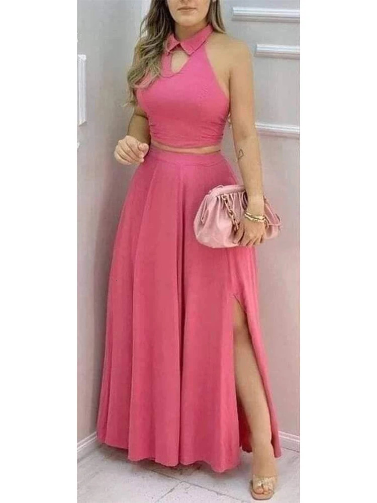 Womens Pink Two Piece Set Halter Collar Crop Top Split Maxi Skirt Ideal for Evening Parties Summer Weddings Chic Outings 260306