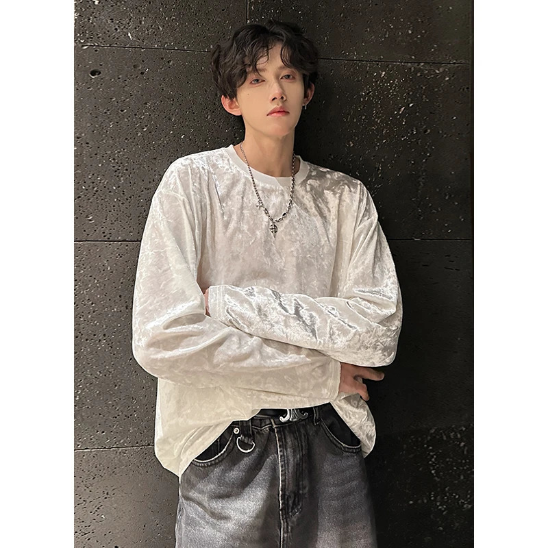 men vintage velvet long sleeve t shirt Crew neck hip hop casual tees tops man autumn harajuku velour streetwear camisetas 260302