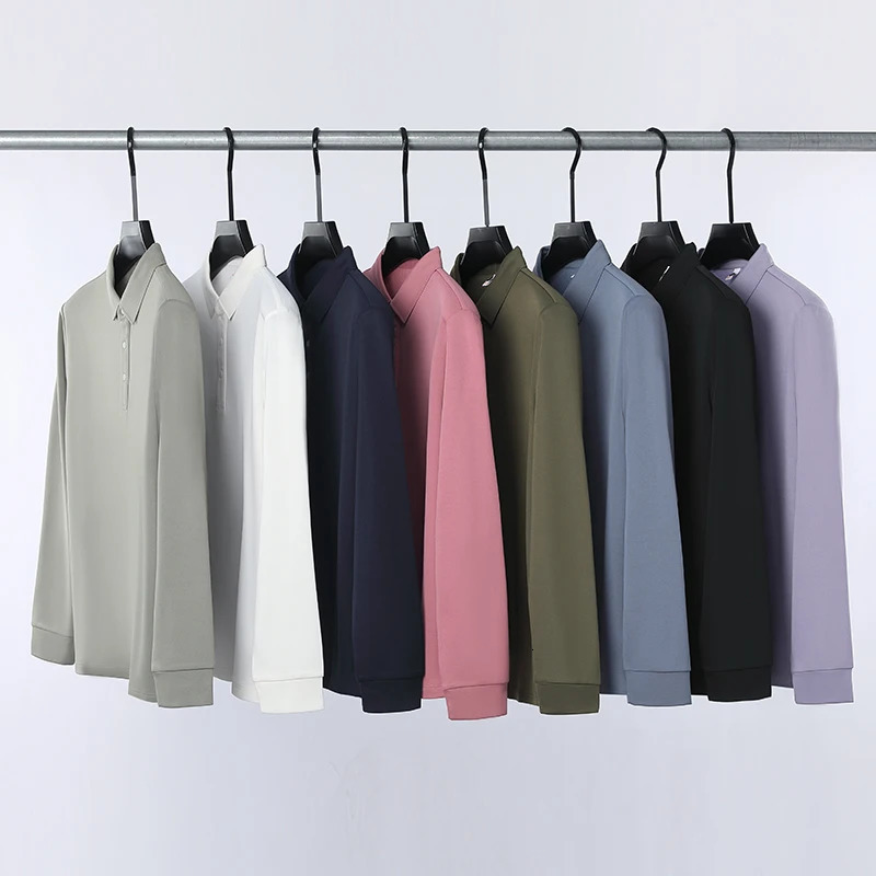Mens Wool Blend Long Sleeve Polo - Light Blue White/Black/Olive Green Wool Mulberry Silk Breathable Comfort Fit 260305