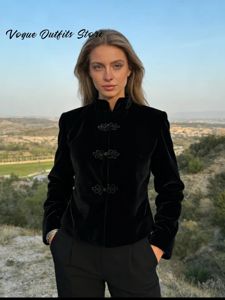 Vintage Velvet Waist Cinching Frog Button Jacket Women Slim Stand Collar Buckle Coat 2026 Spring Lady Chic Street Outerwear 260306